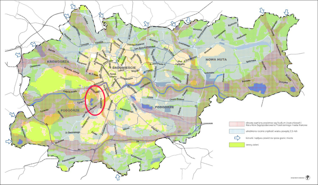 Mapa Krakowa z obszarami przewietrzania miasta